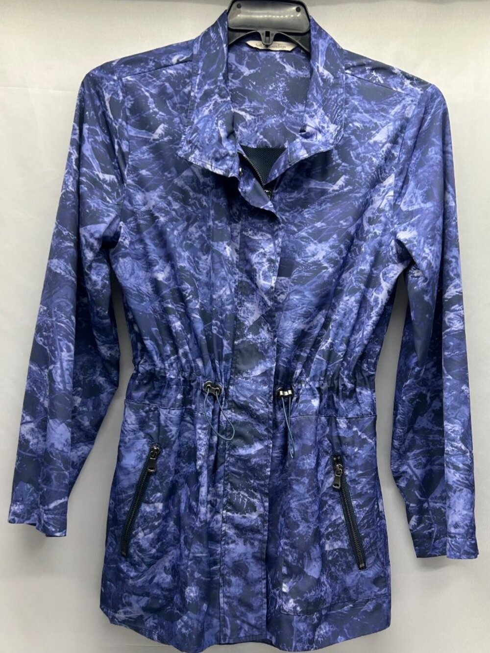 Soft Surroundings Women's Anorak Jacket S Blue Sea Mist Marbled Cinch Waist Full